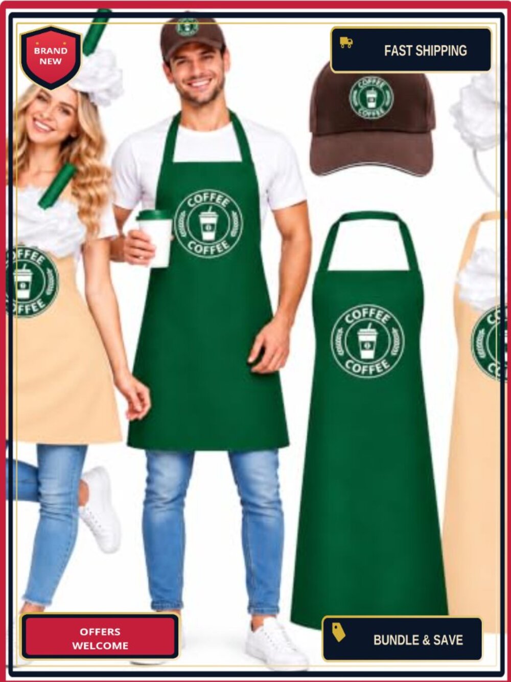Couples Halloween Barista Costume Set Apron Headband Hat Cosplay